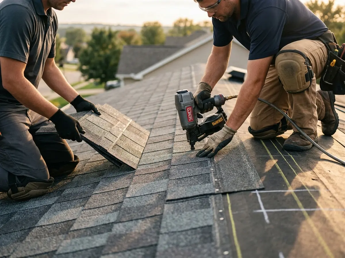 Professional roofer working on a residential roof in Potomac Mills